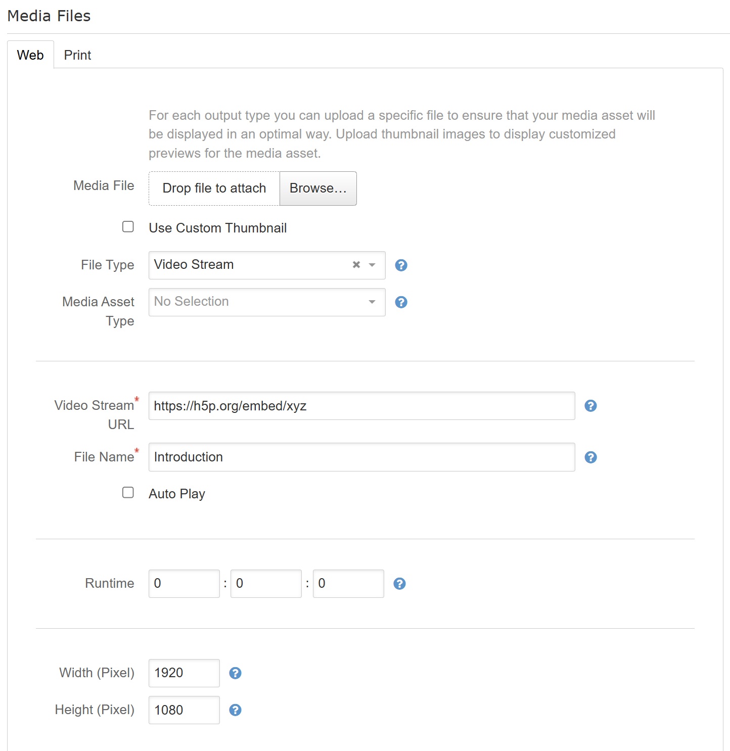 Media Asset form for file type Video Stream