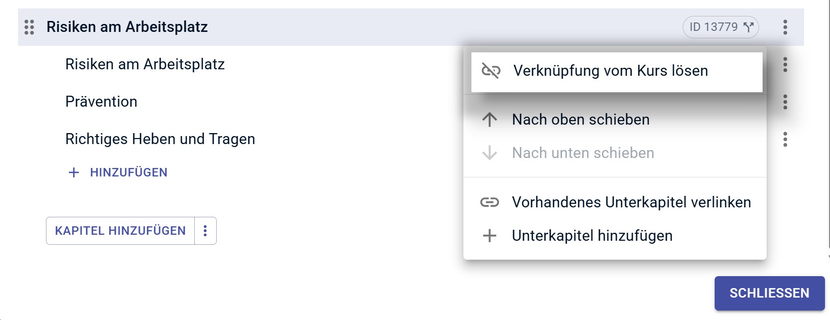 3-Punkte-Menü mit Option Verknüpfung vom Kurs lösen