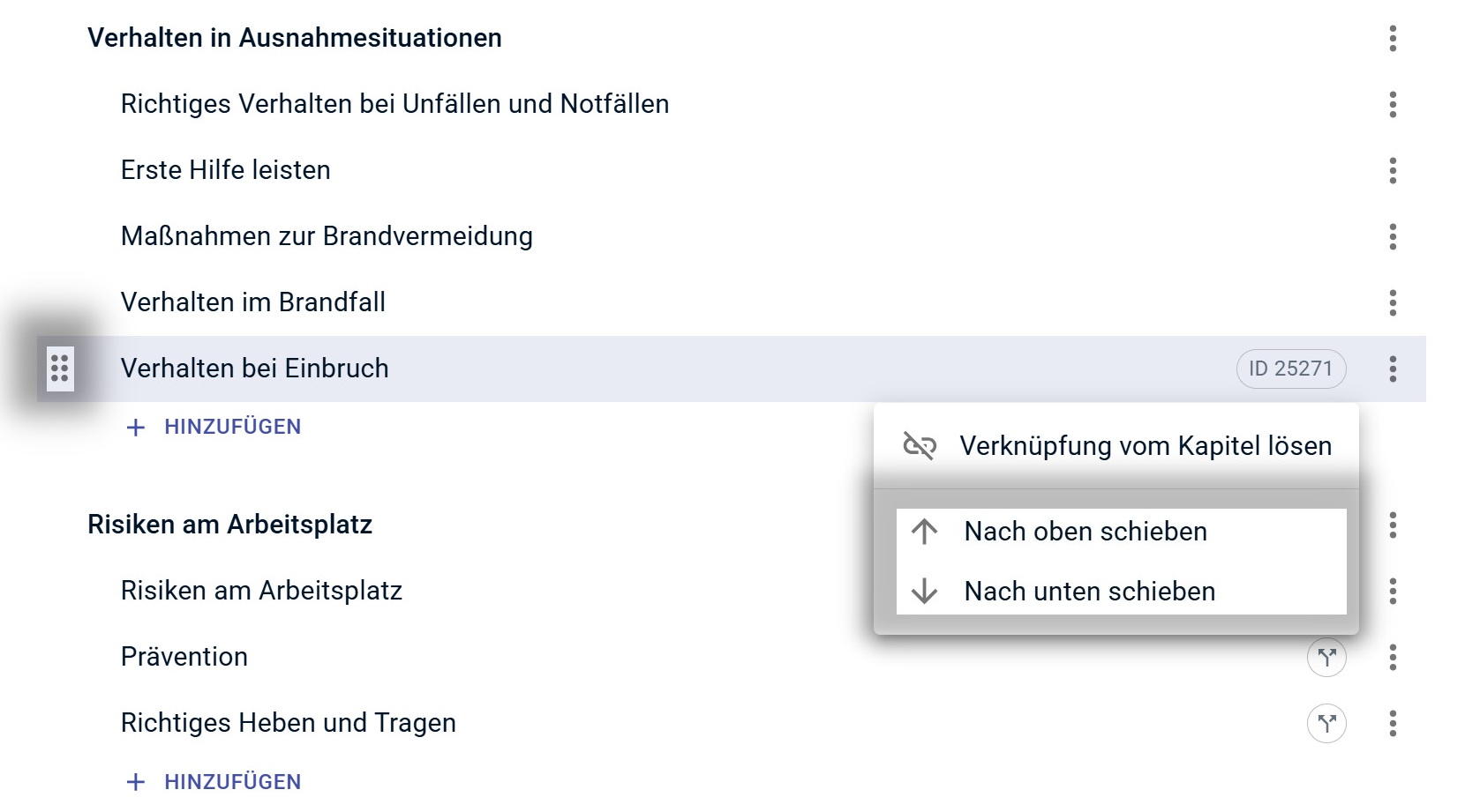 Verschieben-Optionen über Menü und gepunkteter Linie
