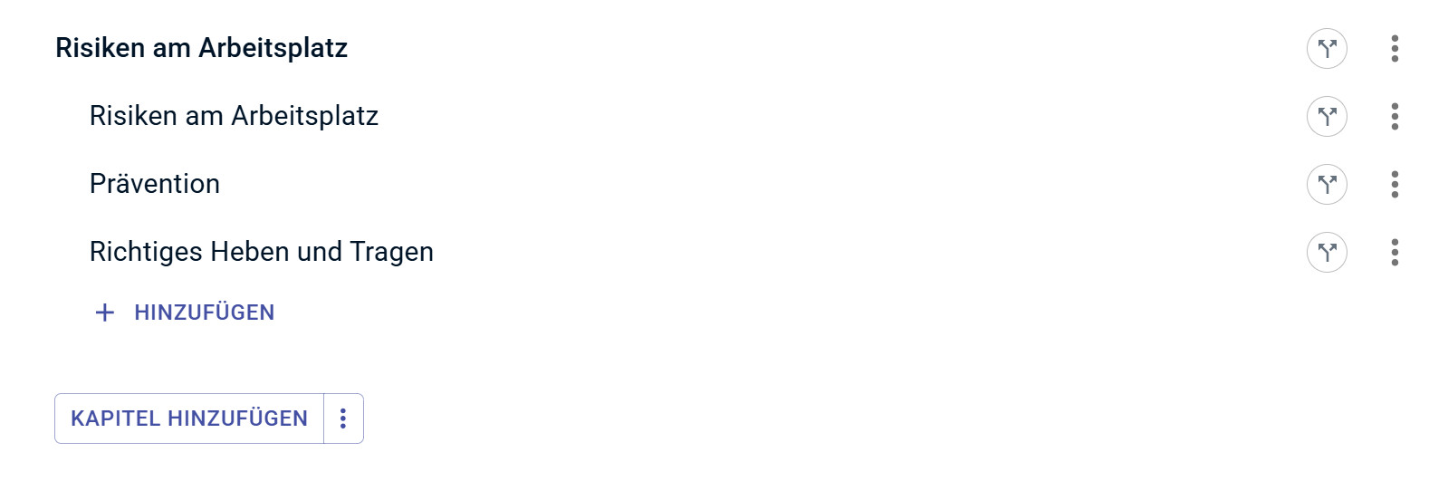 Kursstruktur-Editor mit Buttons Hinzufügen und Kapitel hinzufügen