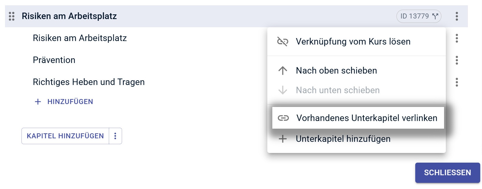 3-Punkte-Menü mit Option Vorhandenes Unterkapitel verlinken