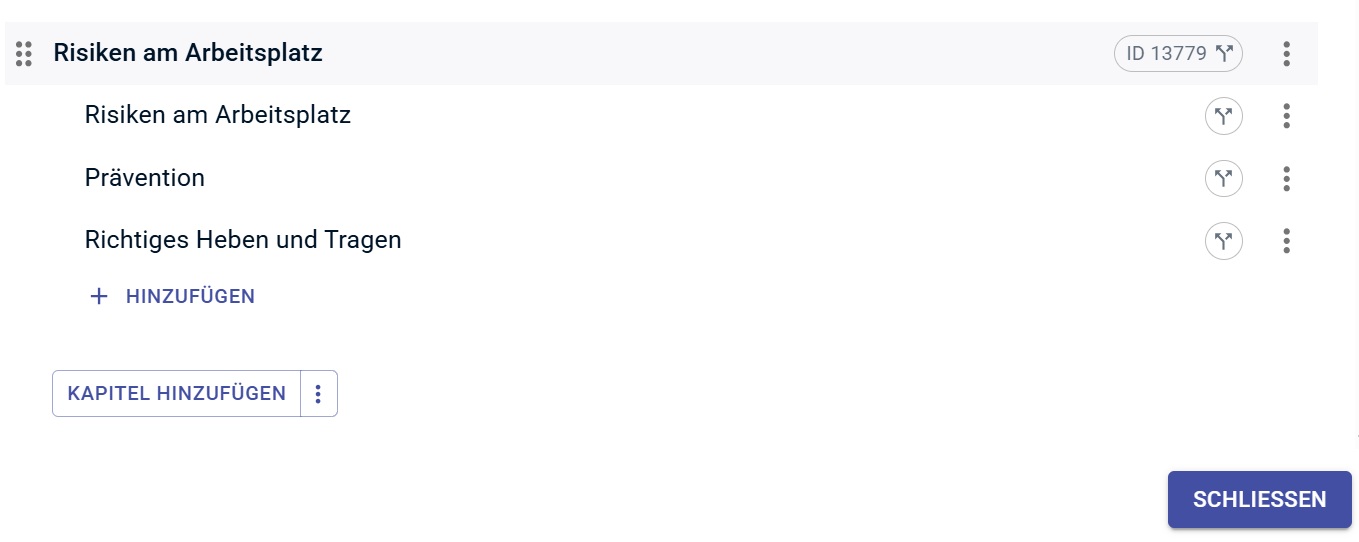 Kursstruktur-Editor mit Anzeige der Elemente-ID und SCHLIESSEN-Button