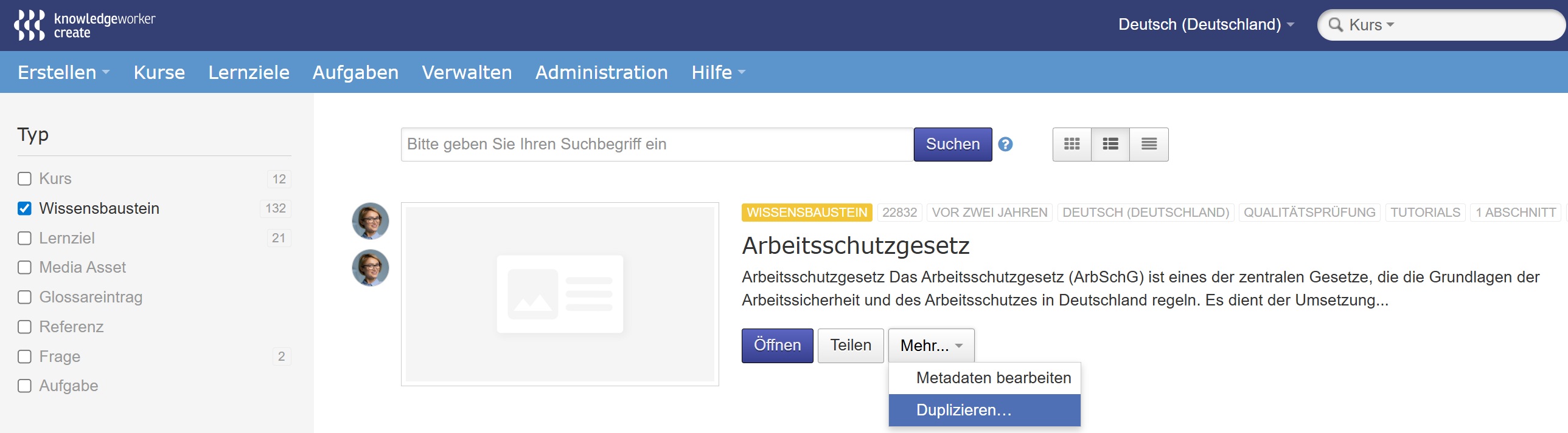 Mehr-Menü für Wissensbaustein mit Duplizieren-Option