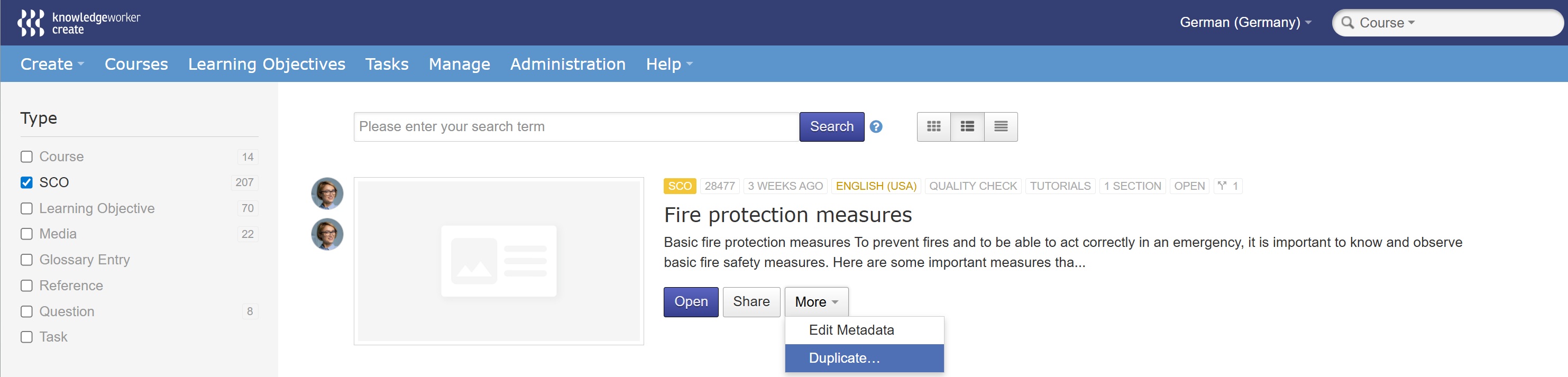 More menu for SCO with Duplicate option
