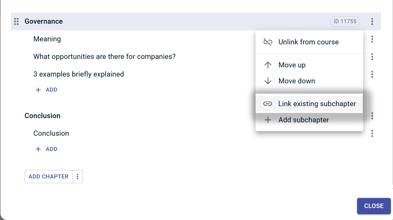 Course structure with the option Link existing subchapter
