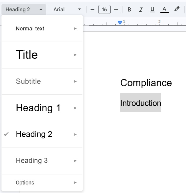 Example: Formatting options for headings