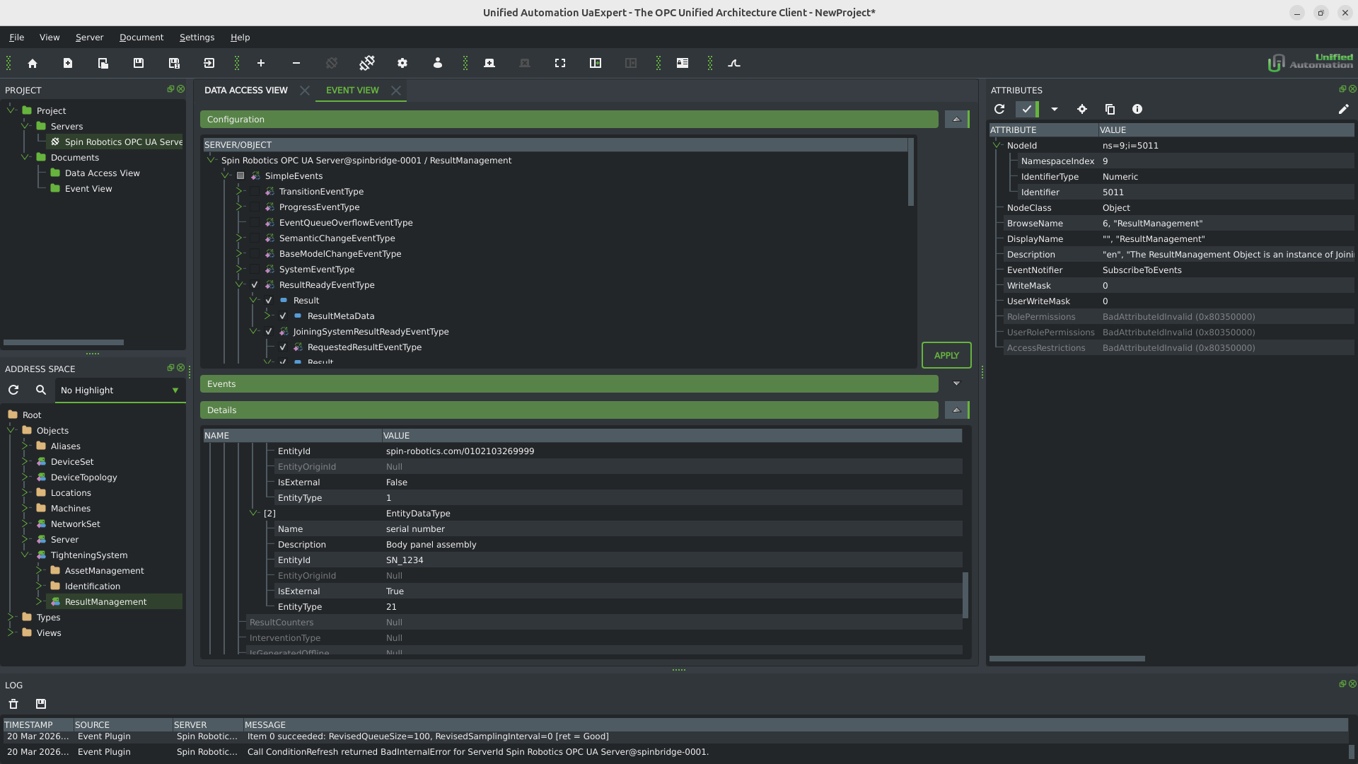 UAExpert Event View showing an active event subscription with associatedEntities expanded