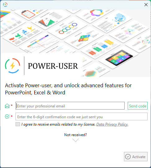 Power-user license activation popup (email address)