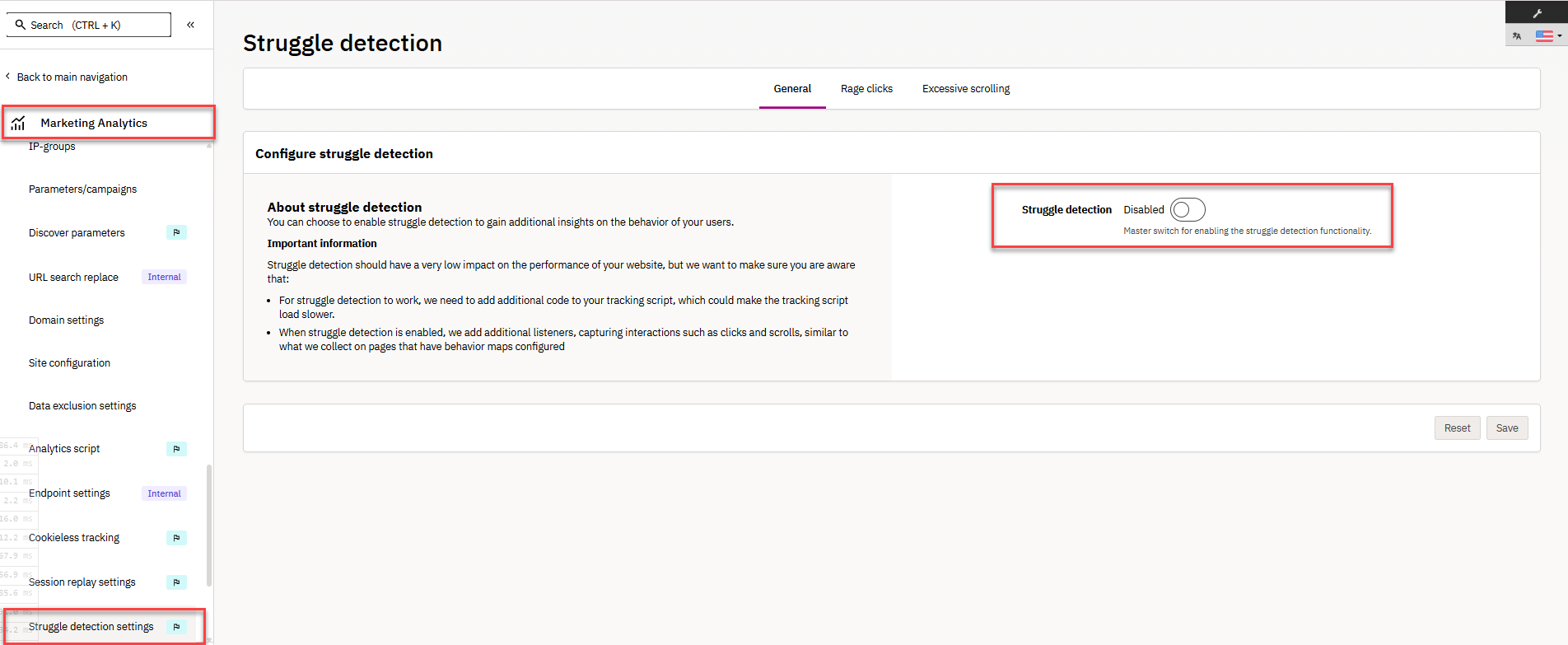 Analytics settings page showing the Struggle detection option with the toggle switch set to Disabled.
