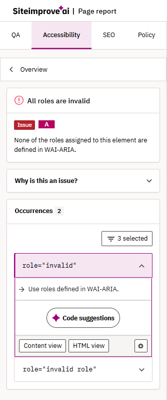 Siteimprove accessibility report showing an invalid ARIA role error.