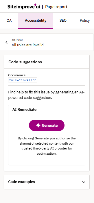 Siteimprove accessibility report showing an error that all assigned ARIA roles are invalid, with a code suggestion identifying role=\"invalid\" and an option to generate an AI‑powered remediation.