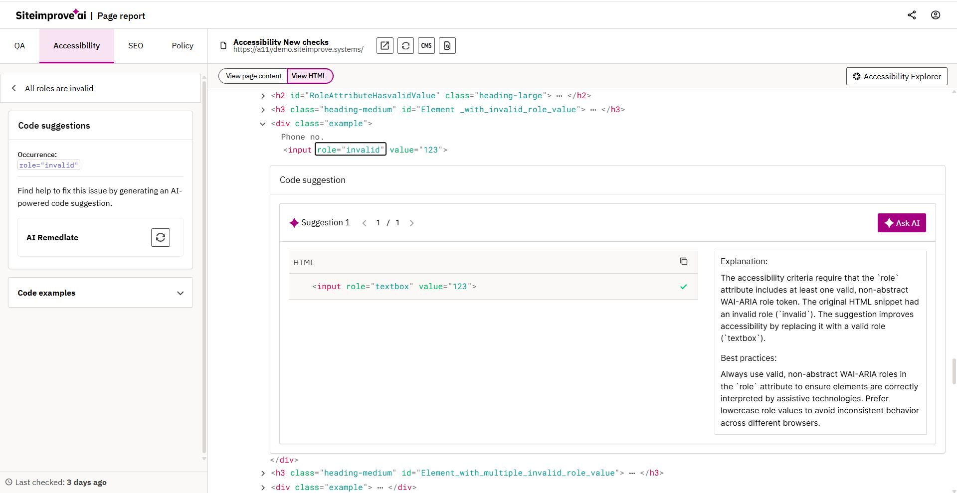 Siteimprove accessibility report showing an invalid ARIA role error, with AI remediation suggesting replacement of role=\"invalid\" on an input element with a valid ARIA role to improve accessibility.