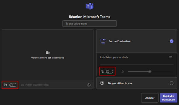 Teams choix activation ou non micro et camera