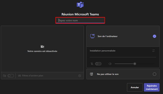 Teams entrée du nom