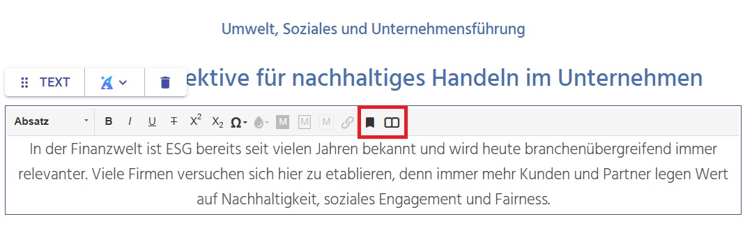 Hervorhebung der Textformatierungsoptionen für Referenzen und Glossarbegriffe