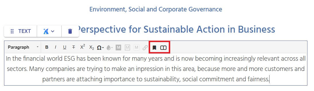 Highlighting the text formatting options for references and glossary entries