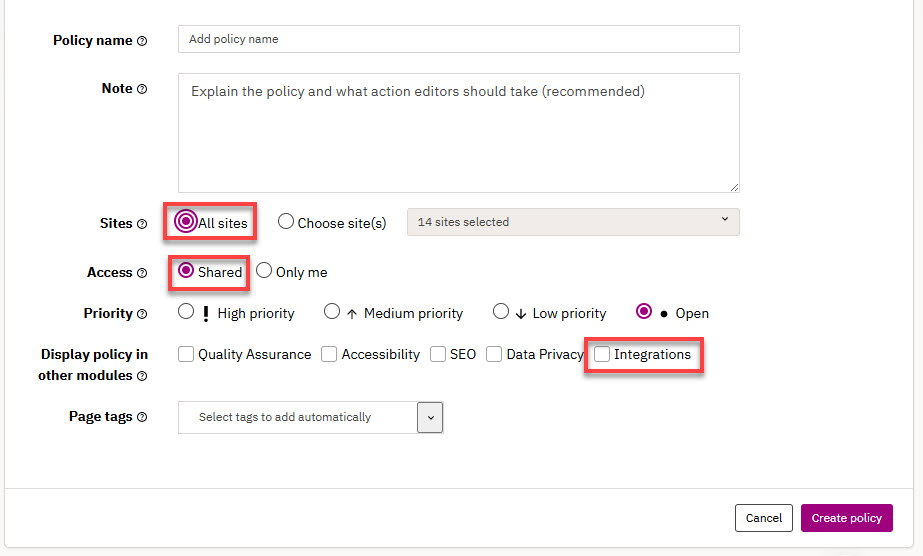 Screenshot of Policy settings in the platform required to display in the plugin