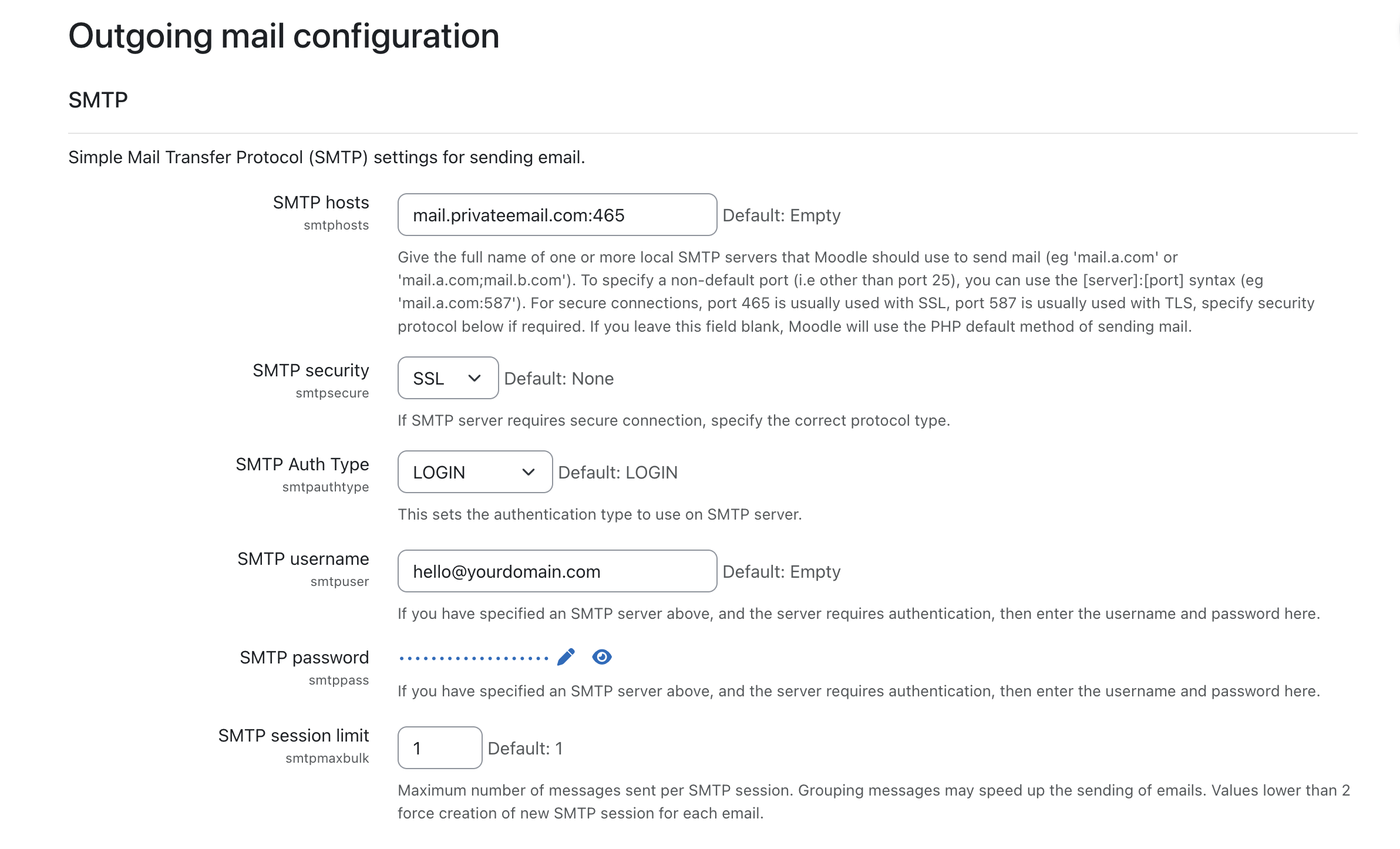 Outgoing mail configuration page with example setup