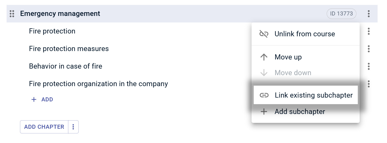3-dot menu with option Link existing subchapter
