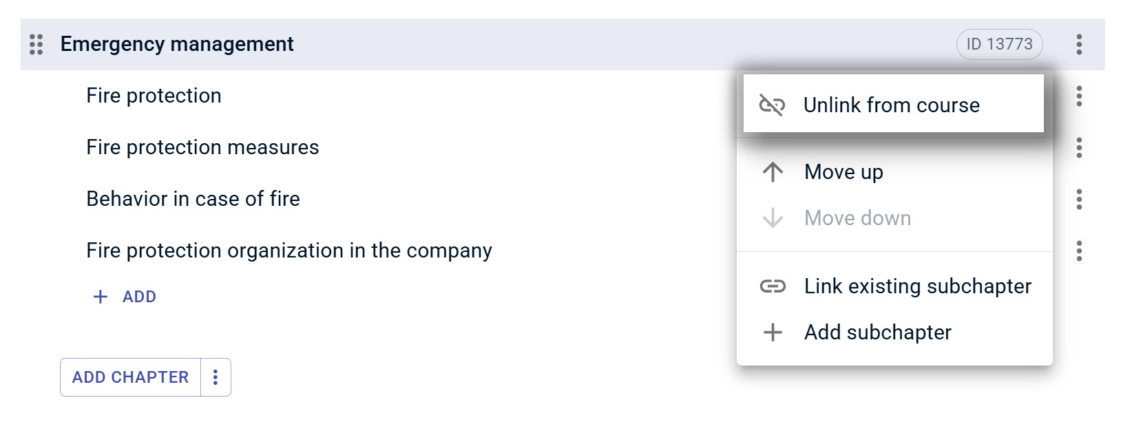 3-dot menu with option Unlink from course