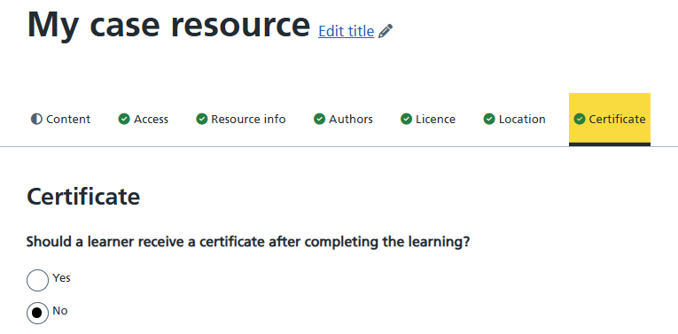 Certificate radio buttons found under the Certificate heading on cases and assessments