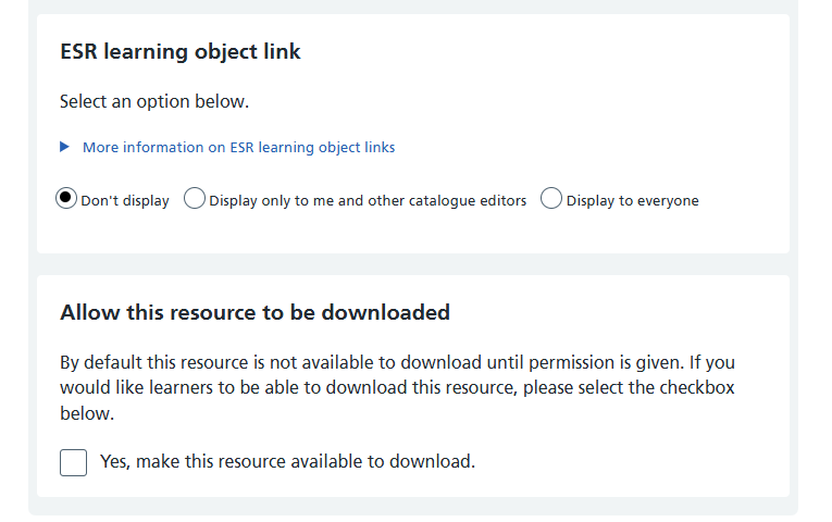 ESR learning object link and SCORM download options