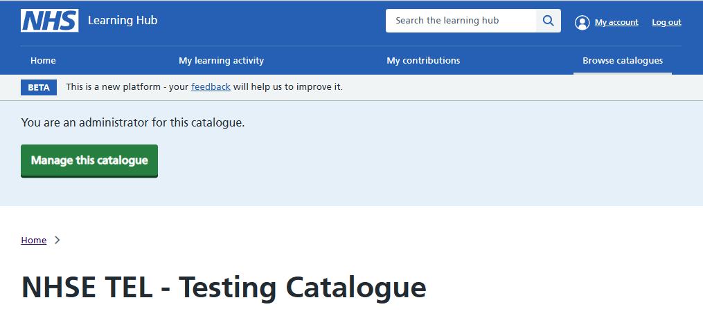 Administrator view showing manage this catalogue button