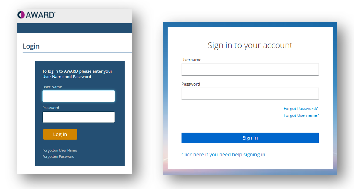 image of 2 different AWARD log-in screens