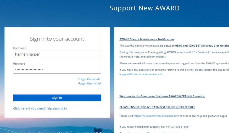 image of award login screen