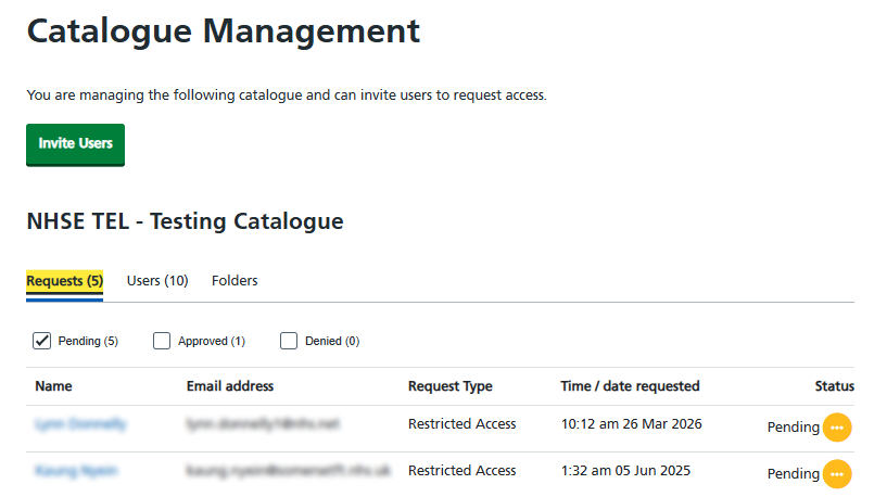 Catalogue management screen showing Invite users button, and selectable headings for Requests, Users and Folders