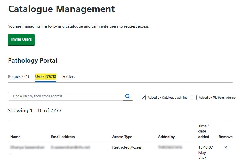 Catalogue management screen under Users with crosses to remove access to the catalogue