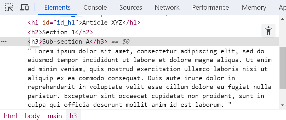 Chrome DevTools with new <h3> tag emphasized