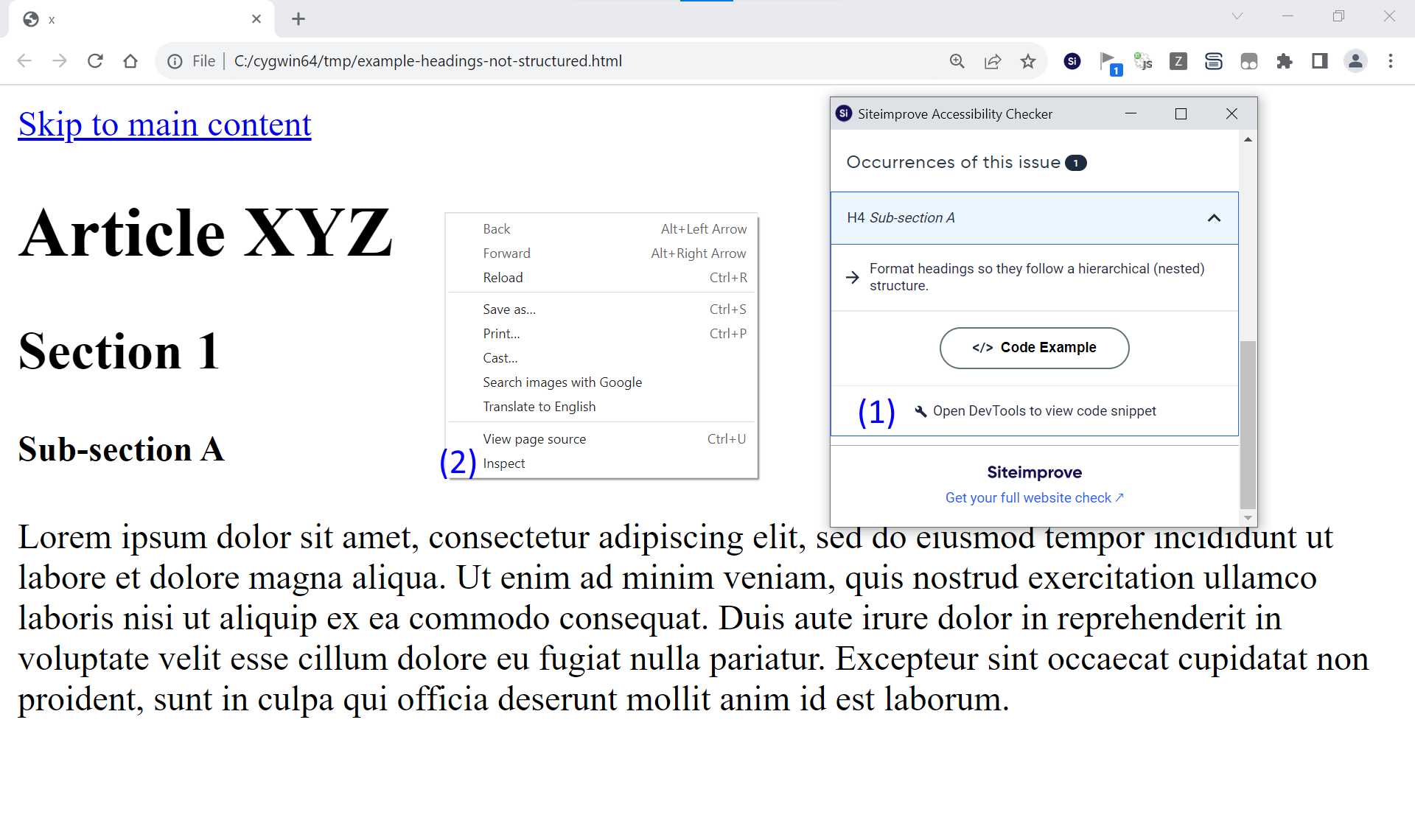 browser extension over sample article with "Inspect" option and accessibility checker selected