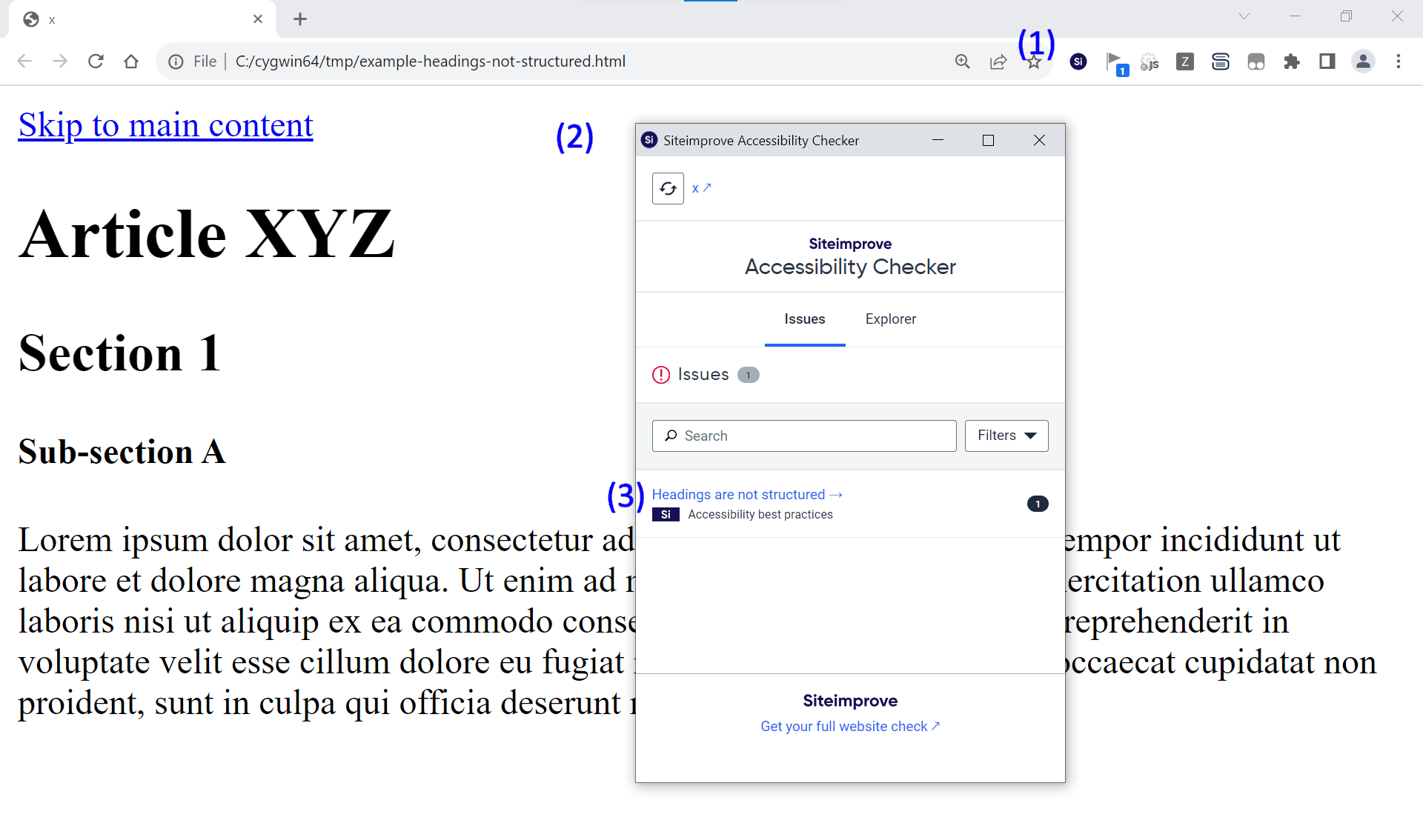 Siteimprove Browser extension over sample article from above