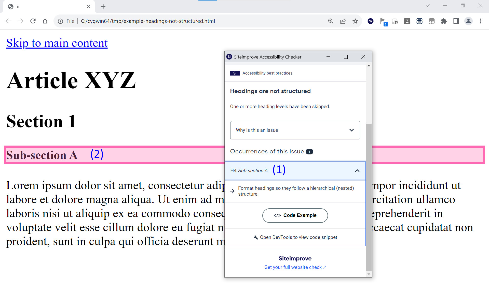 browser extension highlighting "Sub-section A" of sample article