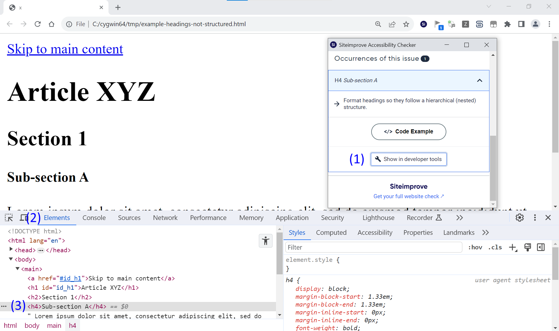 Browser extension with “Show in developer tools” over sample article and the elements tab showing