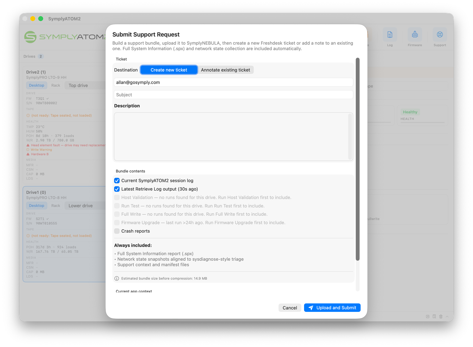 Submit Support Request sheet showing Create new ticket tab