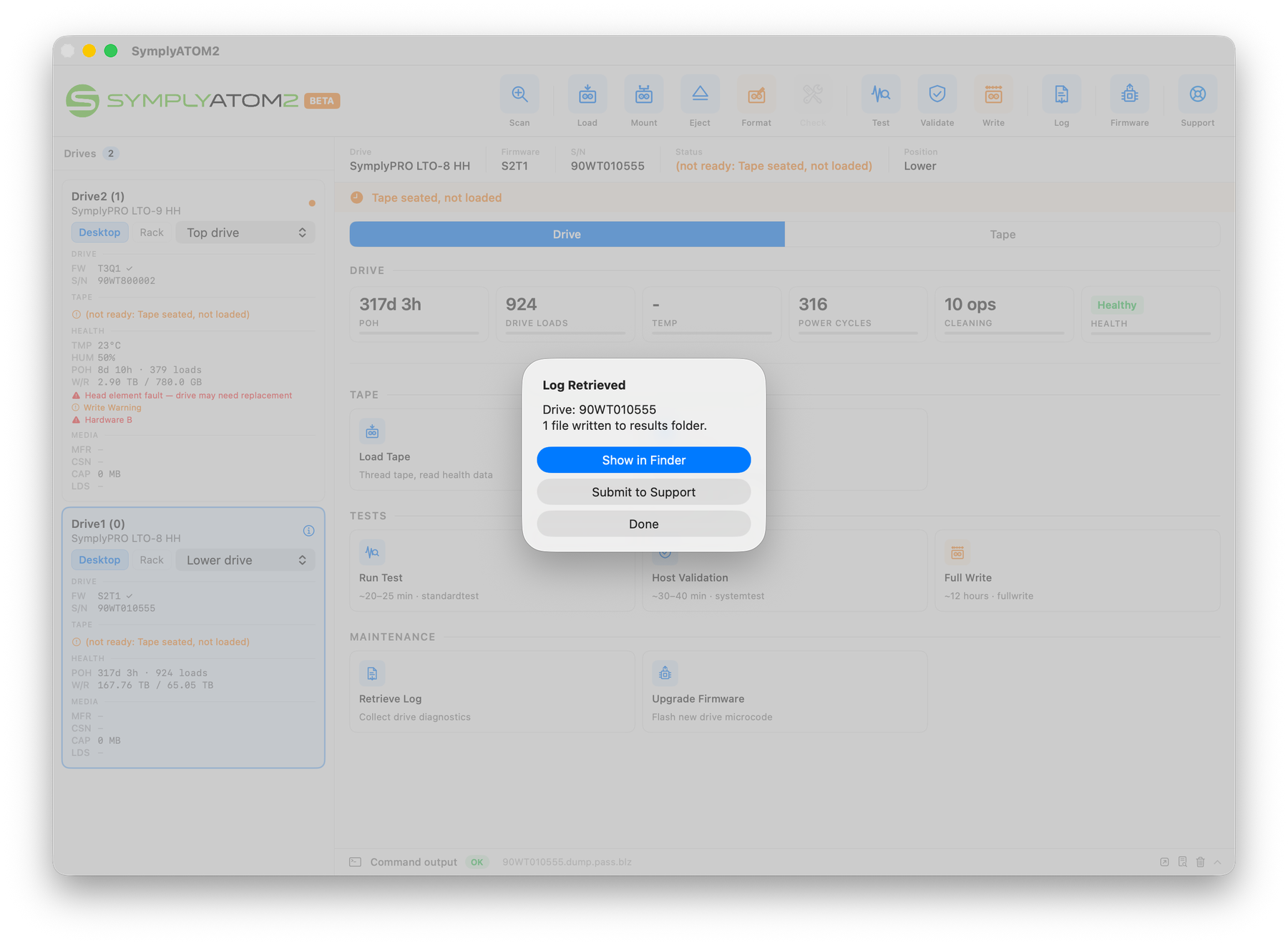 Log Retrieved result sheet with Show in Finder, Submit to Support, and Done buttons
