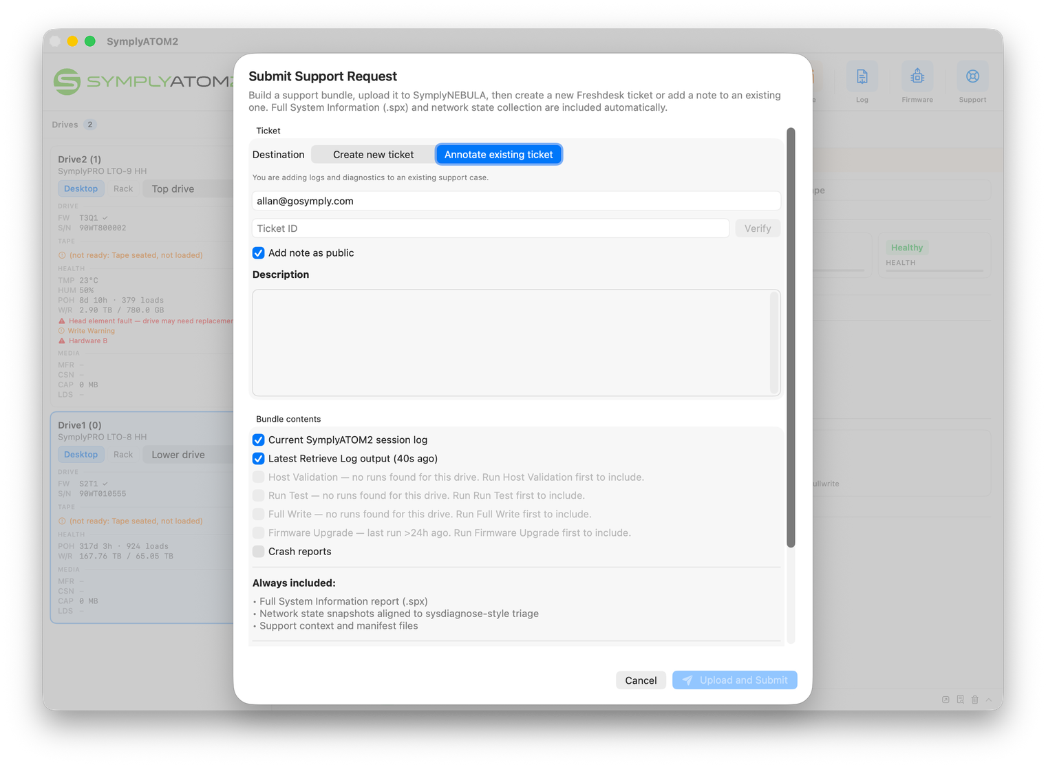 Submit Support Request sheet showing Annotate existing ticket tab