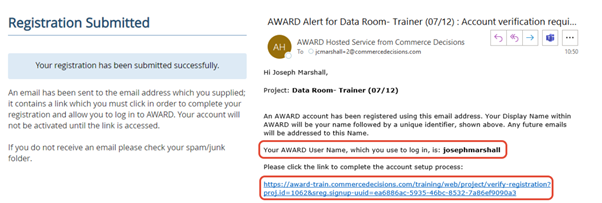 A sample image showing the Registion Submitted confirmation message and sample registration link email