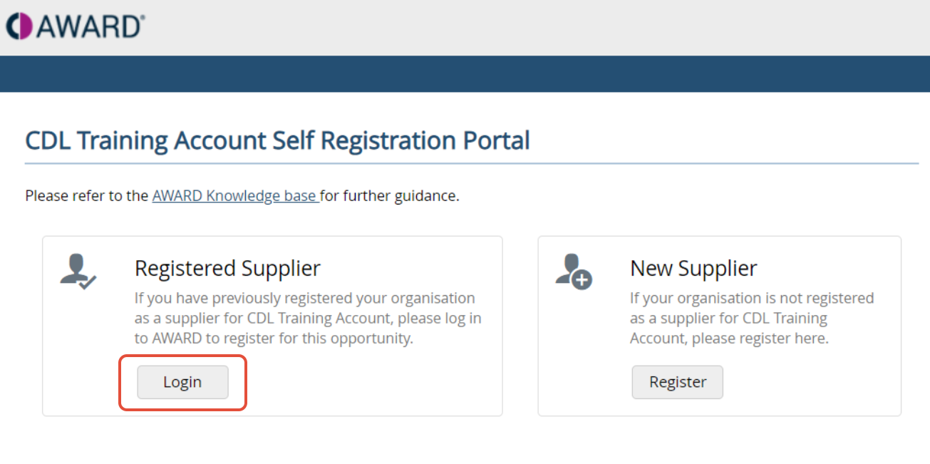A sample image showing the Registered Supplier and New Supplier login options.