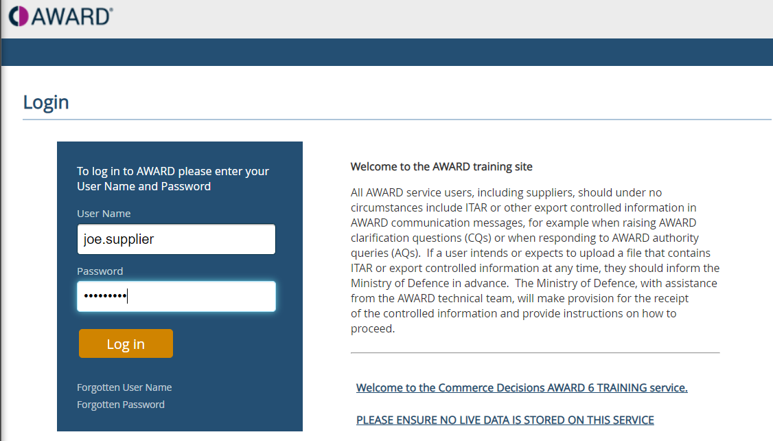 A sample image showing the AWARD log-in screen.