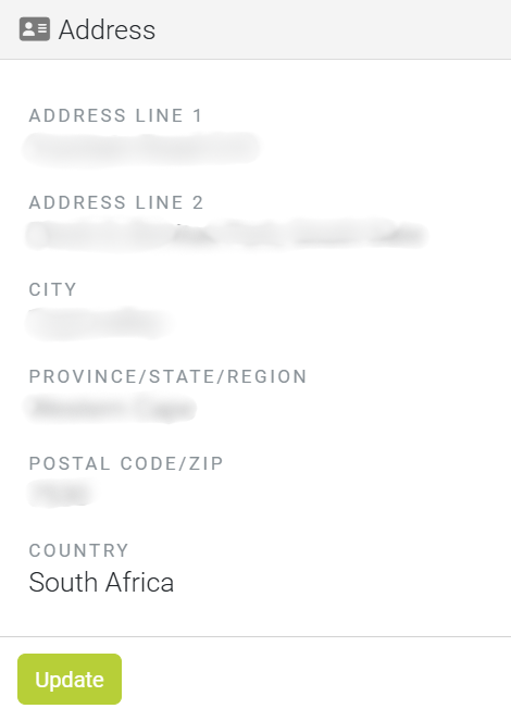 Snapplify Engage Address section displaying editable address fields for Address Line 1, Address Line 2, City, Province/State/Region, Postal Code/ZIP, and Country set to South Africa, with an Update button at the bottom.