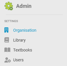 Admin settings sidebar showing Institution, Library, Textbooks, and Users menu options.