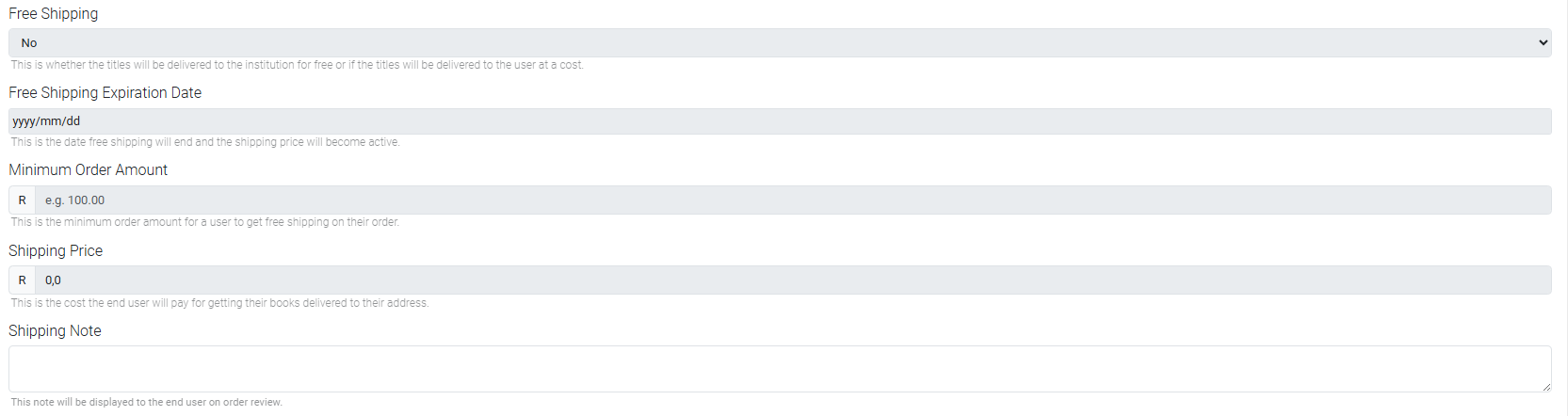 Shipping settings page in Engage showing fields for free shipping, expiration date, minimum order amount, shipping price, and shipping note.