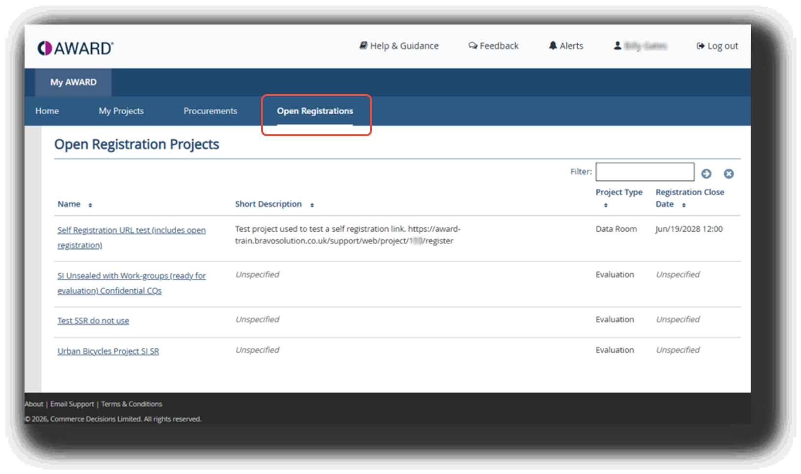 Image: Open Registrations tab showing a list of available Projects