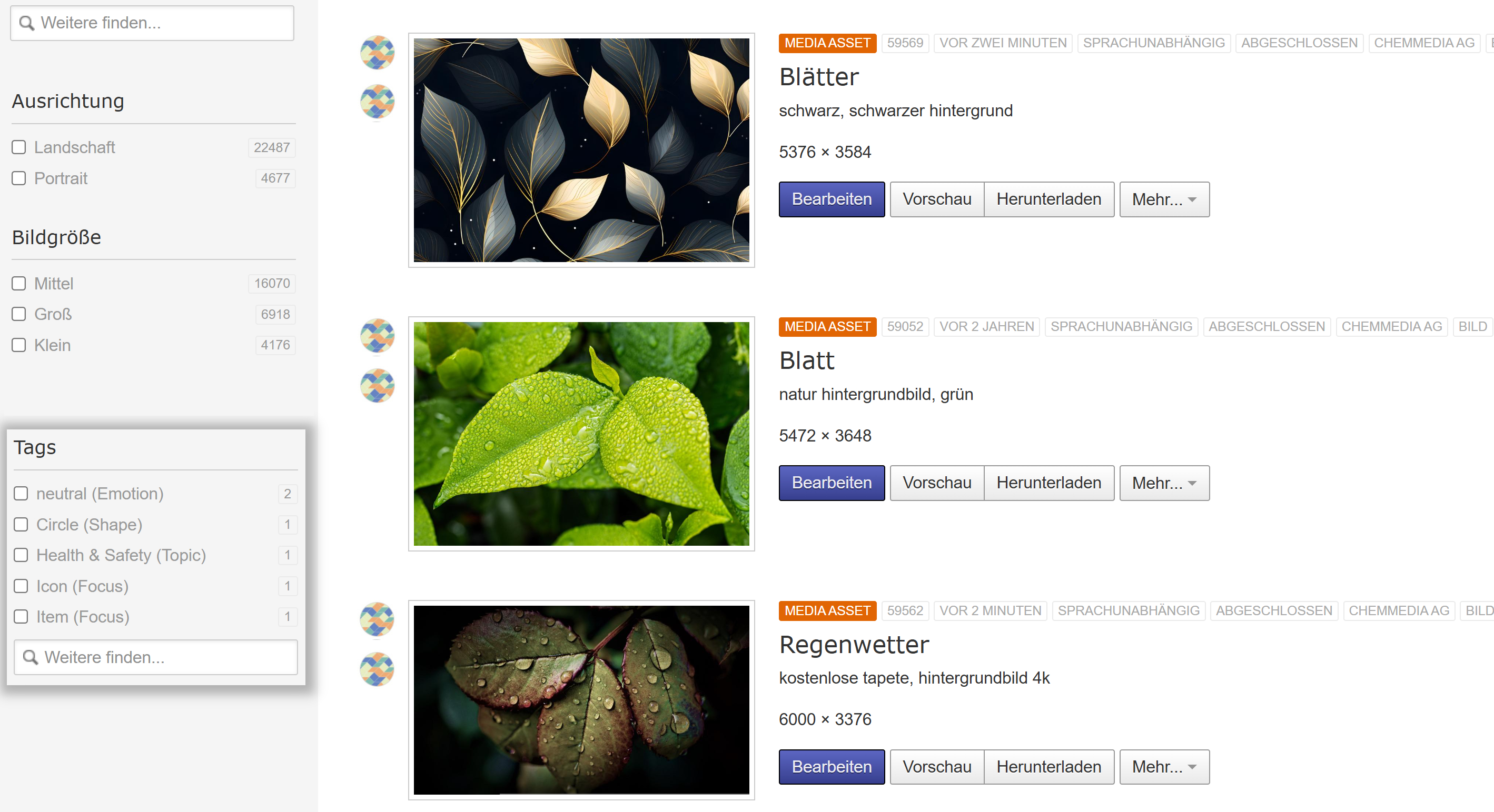 Mediensuche in der Medienbibliothek mit Filter Tags
