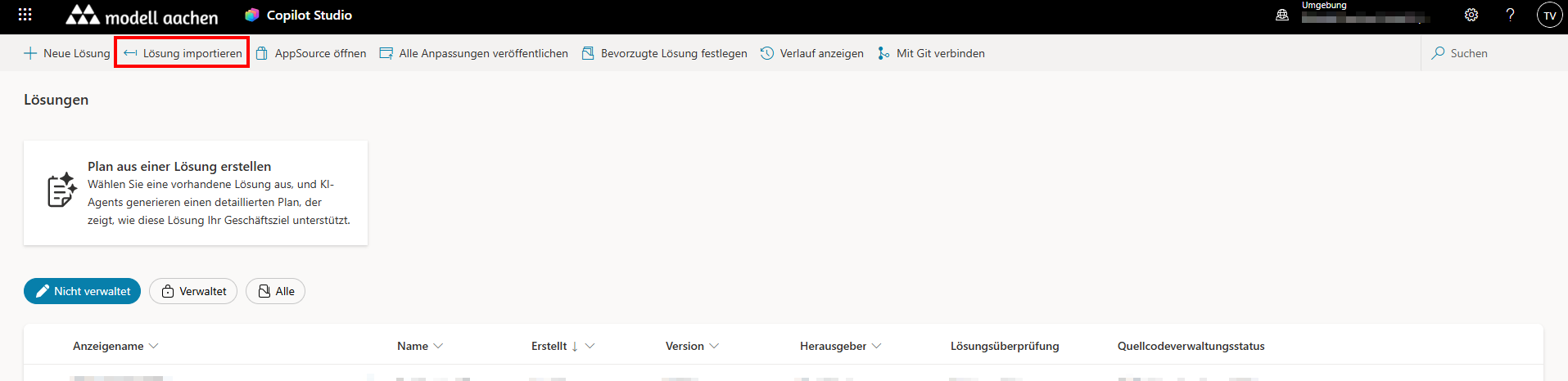 Solution Explorer toolbar with the „Import solution