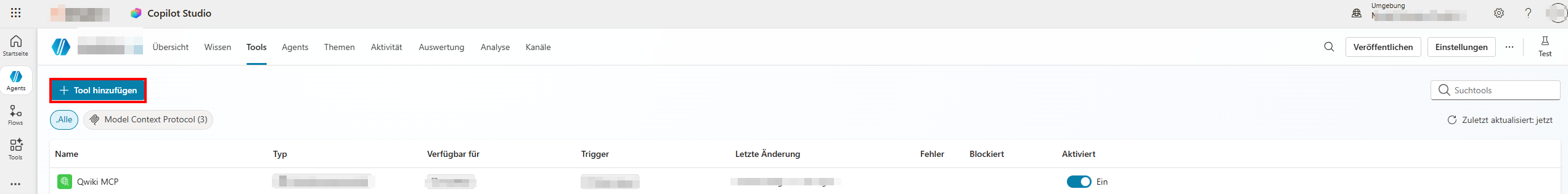Tools tab in the agent with the „Add a tool