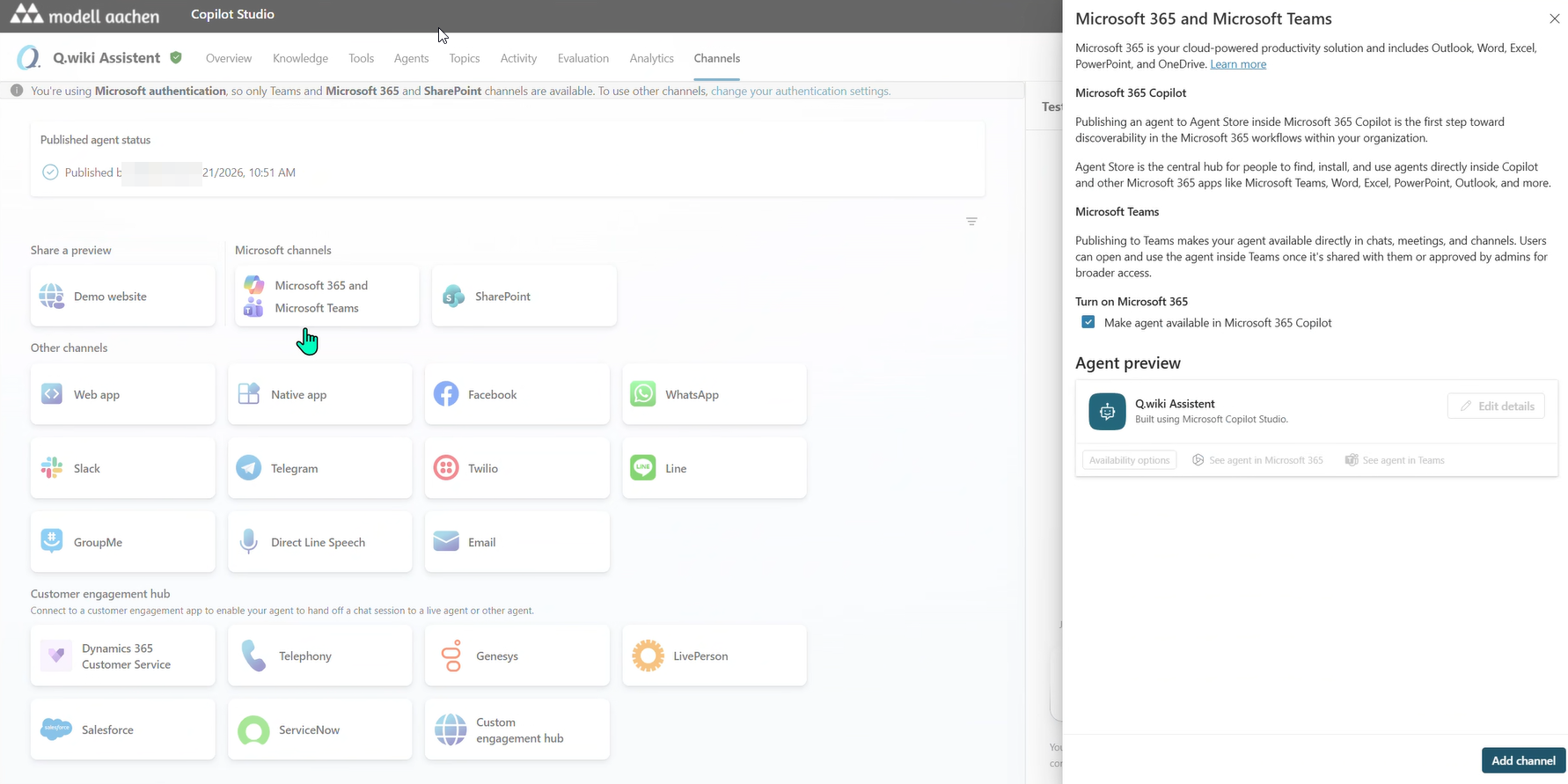 Channels tab with the „Microsoft 365 and Microsoft Teams